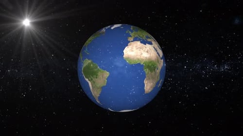 Rotating Earth with Sun and Stars in Space Background