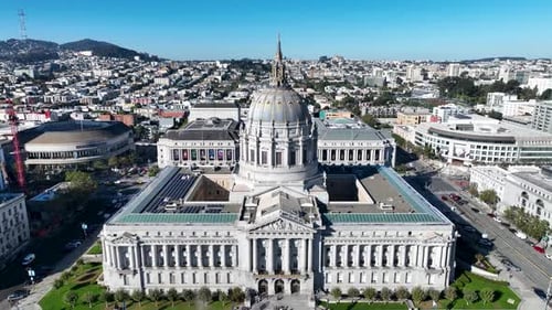 Prefeitura de São Francisco, na Califórnia, Estados Unidos. Paisagem urbana do centro da megalópole. Bandeja de negócios