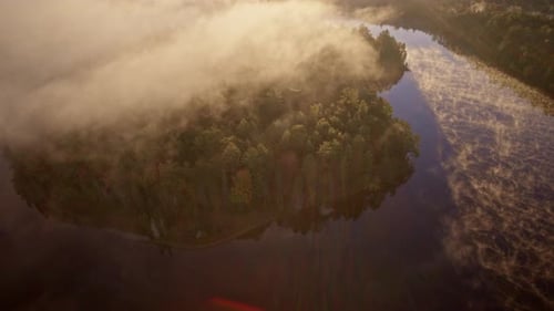 Aerial View of Misty Lake and Forest at Sunrise