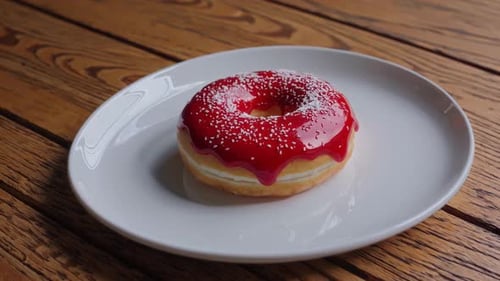 A Deliciously Glazed Strawberry Donut is Perfectly Placed on a Beautiful Plate with Style