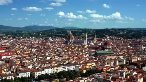 Aerial Panoramic View Of Florence Cityscape With Renaissance Architecture In Tuscany, Central Italy.