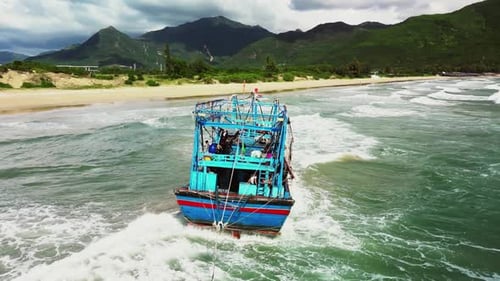 Fishing Boat with a Big Catch of Fish Stranded with a Catch Aerial View Drone Sunset Summer