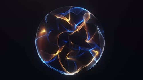 4K seamless loop of a glowing blue and orange fractal energy orb with dynamic particle waves