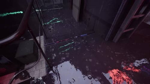 Grungy Wet Floor with Glowing Neon Rain Effect