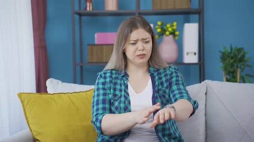 Sick young woman with skin rash problem.
