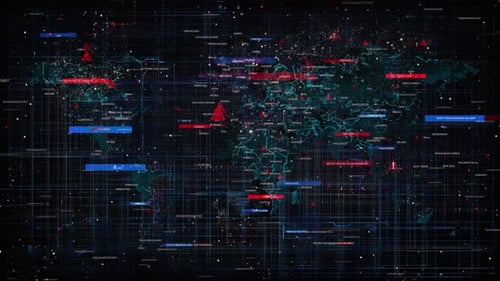 Global Data Network Animation with World Map and Warning Signals