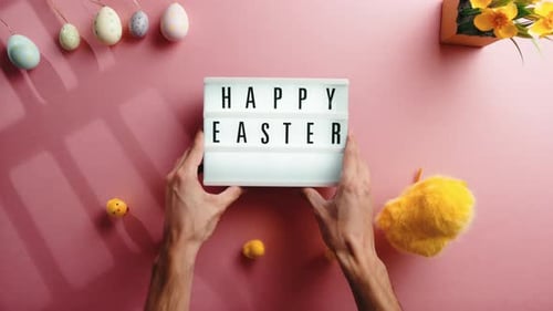 Happy Easter Sign and Decorations Overhead View