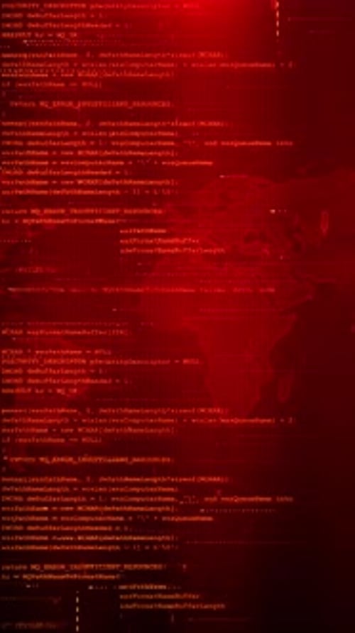 Red Digital Code Scrolling Background with Glitch Overlay