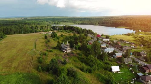 Russian Aerial Panoramas of the Village with a Christian Church