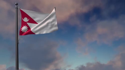 Realistic Waving Nepal Flag on Flagpole against Cloudy Sky