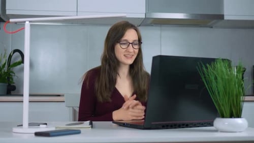 Smiling Businesswoman Making Conference Video Call on Laptop Working From Home Office Female