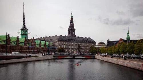 Copenhagen Water Bridge Timelapse with Baroque Towers Skyline