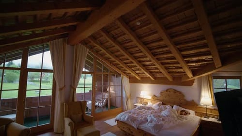 Caucasian woman having healthy sleeping hours for stress relief in bed in a chalet.