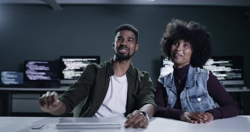 Software programmer, virtual screen and happy people talk about HTML script