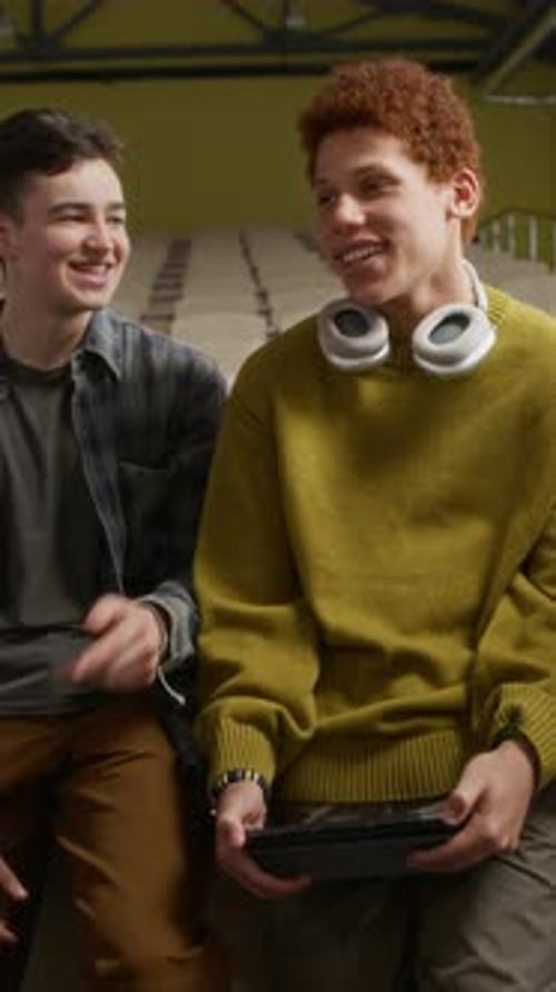 Group of Gen Z Students Communicating in College after Classes, Vertical