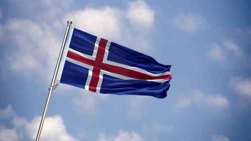 Iceland Flag Waving in Wind Against Blue Sky