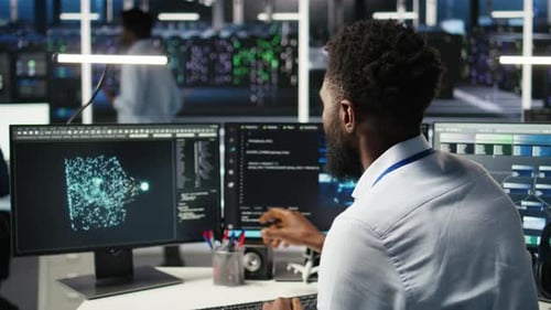 Server Farm Computer Scientist Interprets AI Generated Data Analytics Graphs