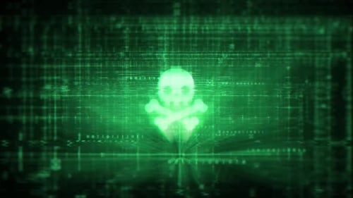 Glitch Skull and Crossbones on Digital Cyber Grid Background
