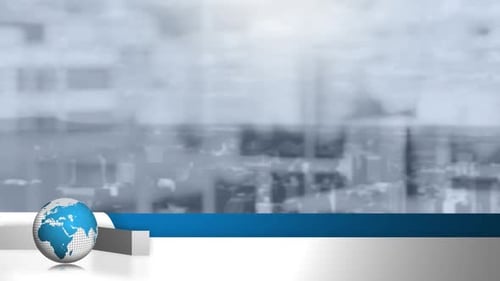 Animation of breaking news text with globe over out of focus cityscape