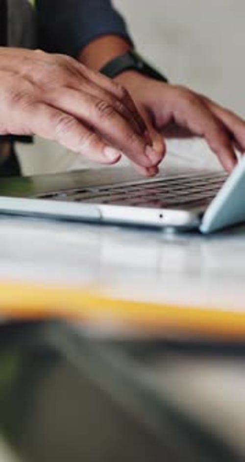 Laptop, man and hands of construction worker in office typing for material delivery for renovation