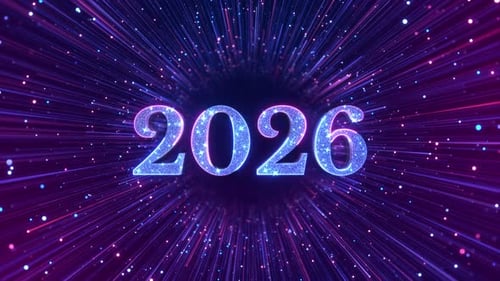 Feliz año nuevo 2026. Números dorados, decoración navideña, fondo de confeti. Saludo navideño