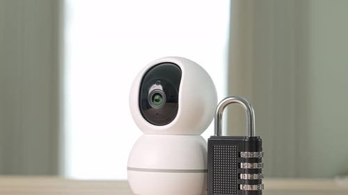 A home security camera beside a coded padlock.