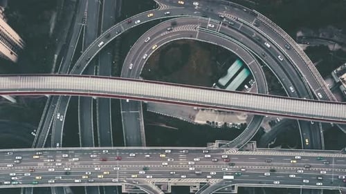 Cinematic and Majestic View of Highway Interchange and Multiple Overpasses
