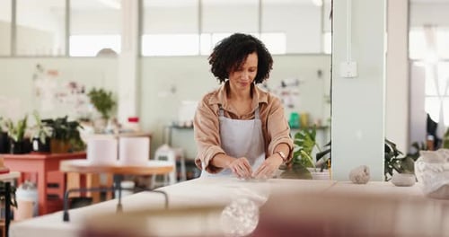 Creative, designer and pottery with woman in boutique for crafting, manufacturing
