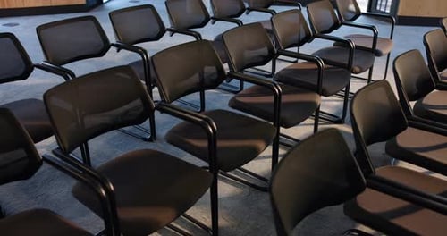 Seats, seminar and empty hall for event, business forum and conference with meeting venue