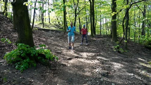 Active Couple Jogging in the Park, Forest, Super