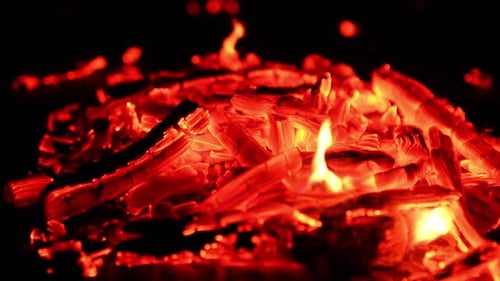 Blowing on the hot embers in the campfire. Red tiny sparks fly up into the darkness. Close up.
