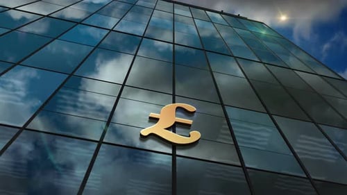 Pound Sterling symbol UK money glass building concept loopable