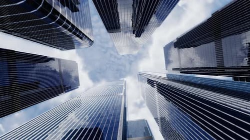Vista de abajo hacia arriba de los rascacielos con nubes flotando sobre ellos. Representación 3D