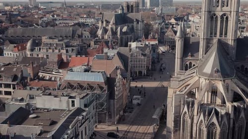 Aerial view from Belfort tower over Ghent city center with Sint-Niklaaskerk Belgium