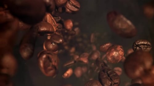 Geröstete Kaffeebohnen in Superzeitlupe, gefilmt auf einer Hochgeschwindigkeitskamera mit 1000 Bildern pro Sekunde