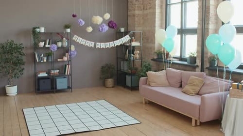 Festive Living Room Decorated for a Birthday Party