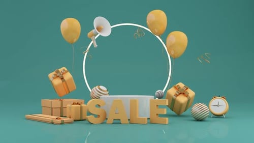 3D Sale Promotion Animation with Golden Gifts and Balloons