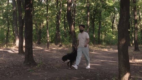 Man Walks Dog in Forest