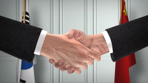 South Korea and China Officials Business Meeting. Diplomacy Deal Animation. Partners Handshake 4K