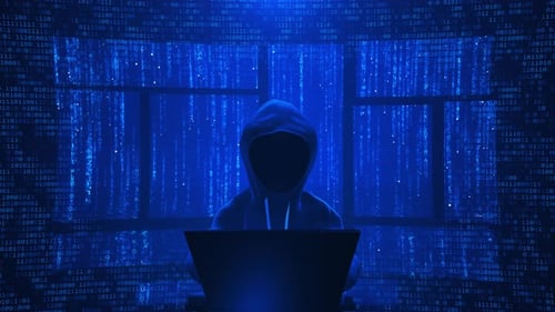 Anonymous Hacker Silhouette with Laptop and Falling Blue Binary Code
