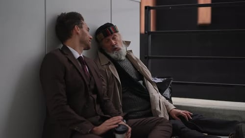 Business Man Talking with Senior Man in Urban Setting