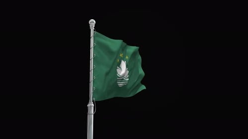 Realistic Macau Flag Waving On Flagpole Animation