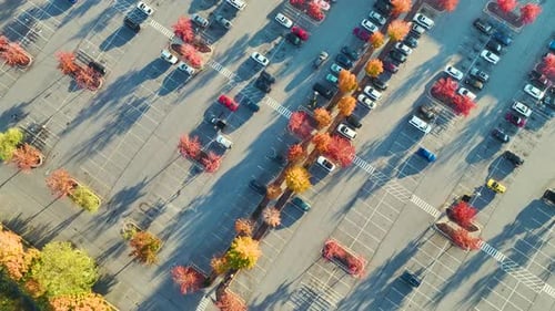 Aerial View of Large Parking Lot with Many Parked Colorful Cars