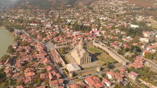 Aerial view of The Svetitskhoveli Cathedral, locatedin the city of Mtskheta, Georgia.