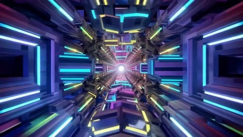Vol en tunnel de science-fiction au néon avec des formes géométriques lumineuses