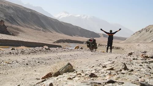 Excited Cyclist Stand By Bicycle Enjo Freedom And Views