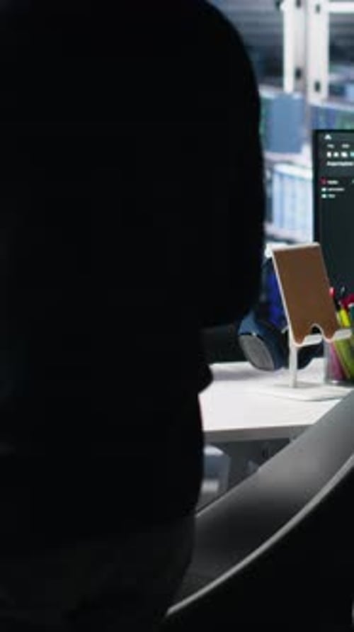 Vertical Video Data Center Technician Entering Office Managing AI Systems