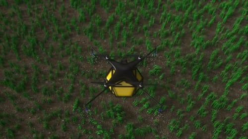 Modern Smart agriculture drone spraying a field.Farming technology:precision agricultural machinery