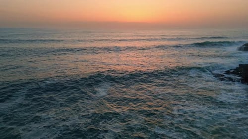 Morning Marine Surf Splashing Aerial View Sunrise Sea Waves Break on Rock Cliff
