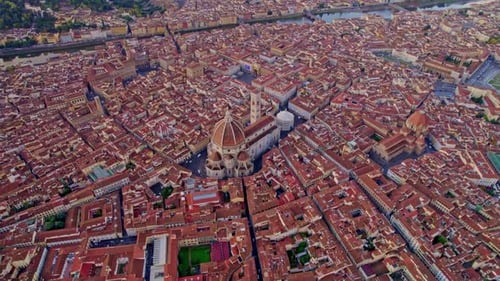 Aerial view of Cathedral Santa Maria del Fiore and rooftops in Florence, Italy.